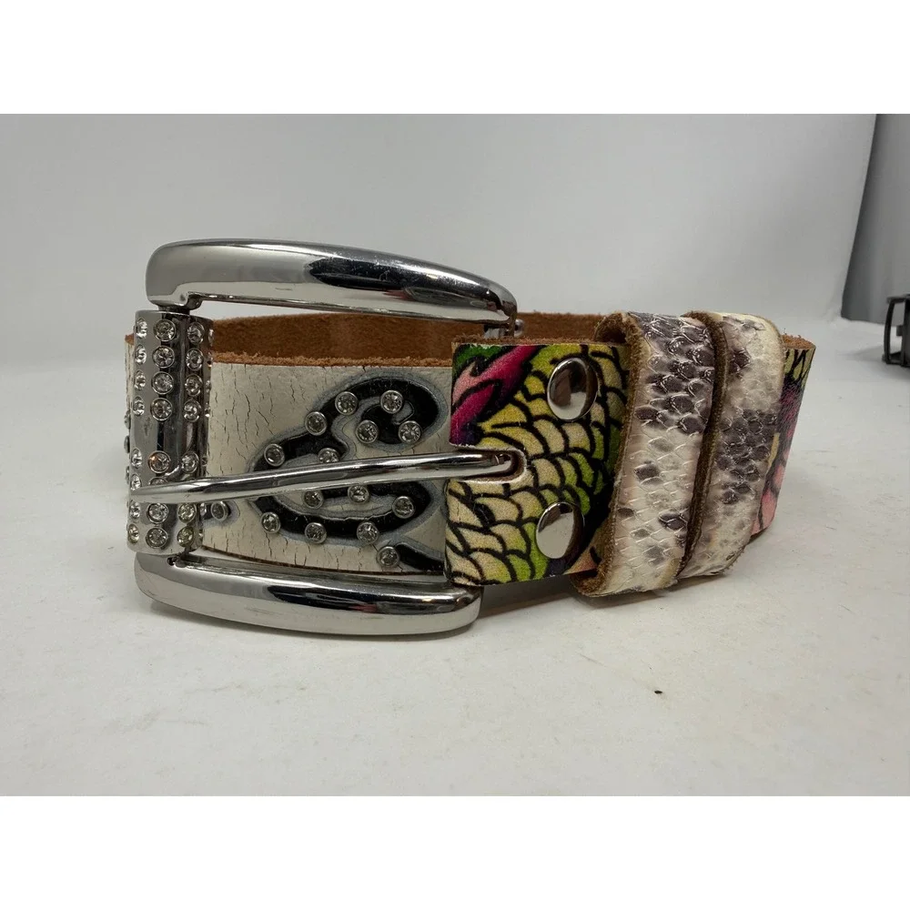 Ed Hardy Mens Dragon Tattoo Leather Belt Rhinestone Crystal White EH3243 Size S